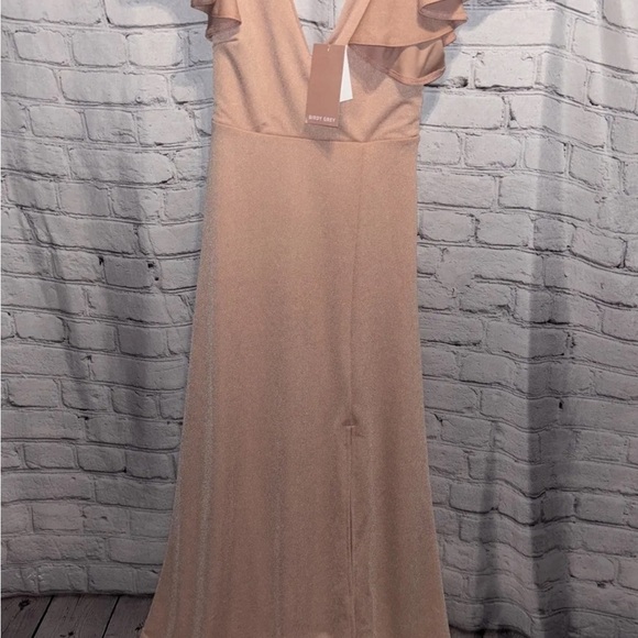 Birdy Grey Crepe Dress Dusty Rose Formal Sode Slit Ruffle Sleeve Women’s Sz XS - Picture 3 of 8